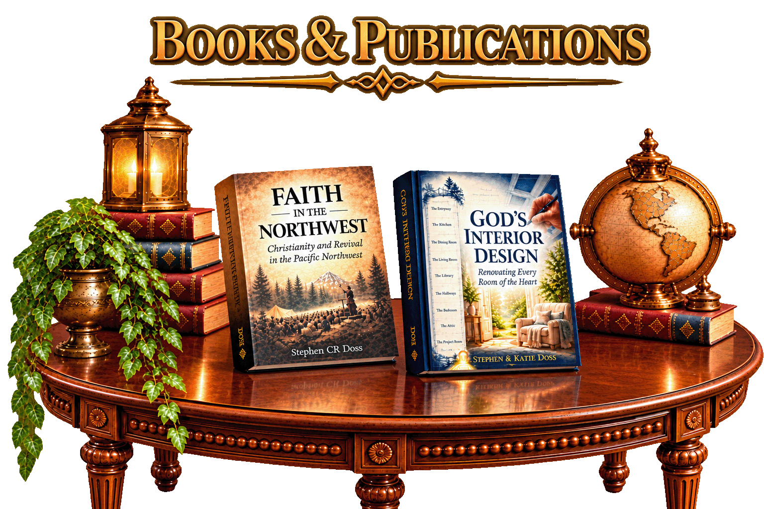 Faith in the Northwest and God's Interior Design displayed on an antique wooden table